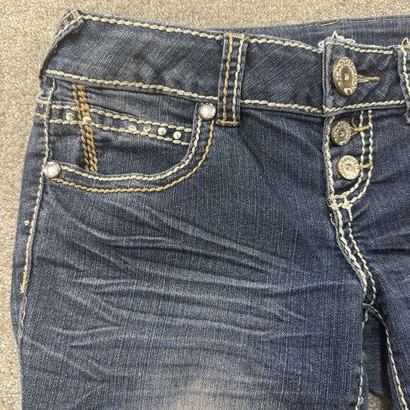 Almost Famous Womens 5 Rhinestone Flap Pocket Distressed Skinny Jeans Blue Denim - Picture 4 of 13